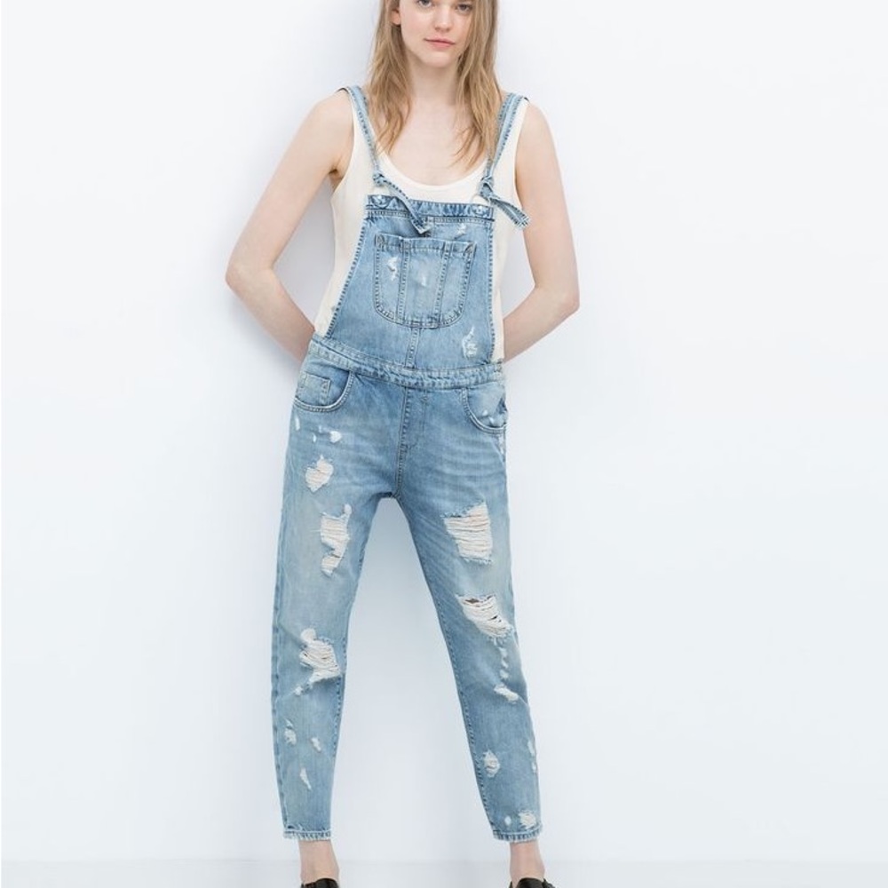 Zara Basic Z1975 Denim Distressed Button Overalls… - image 1
